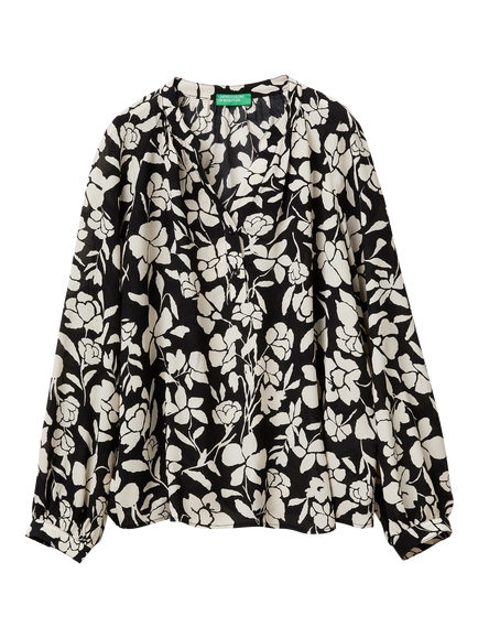 Benetton V-Neck Floral Long Sleeve Top, Black/White, Black/White