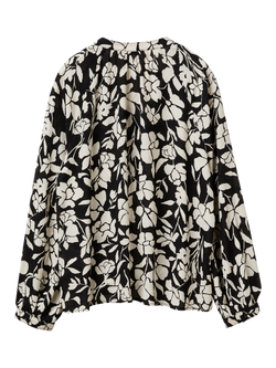 Benetton V-Neck Floral Long Sleeve Top, Black/White - view 2, Black/White