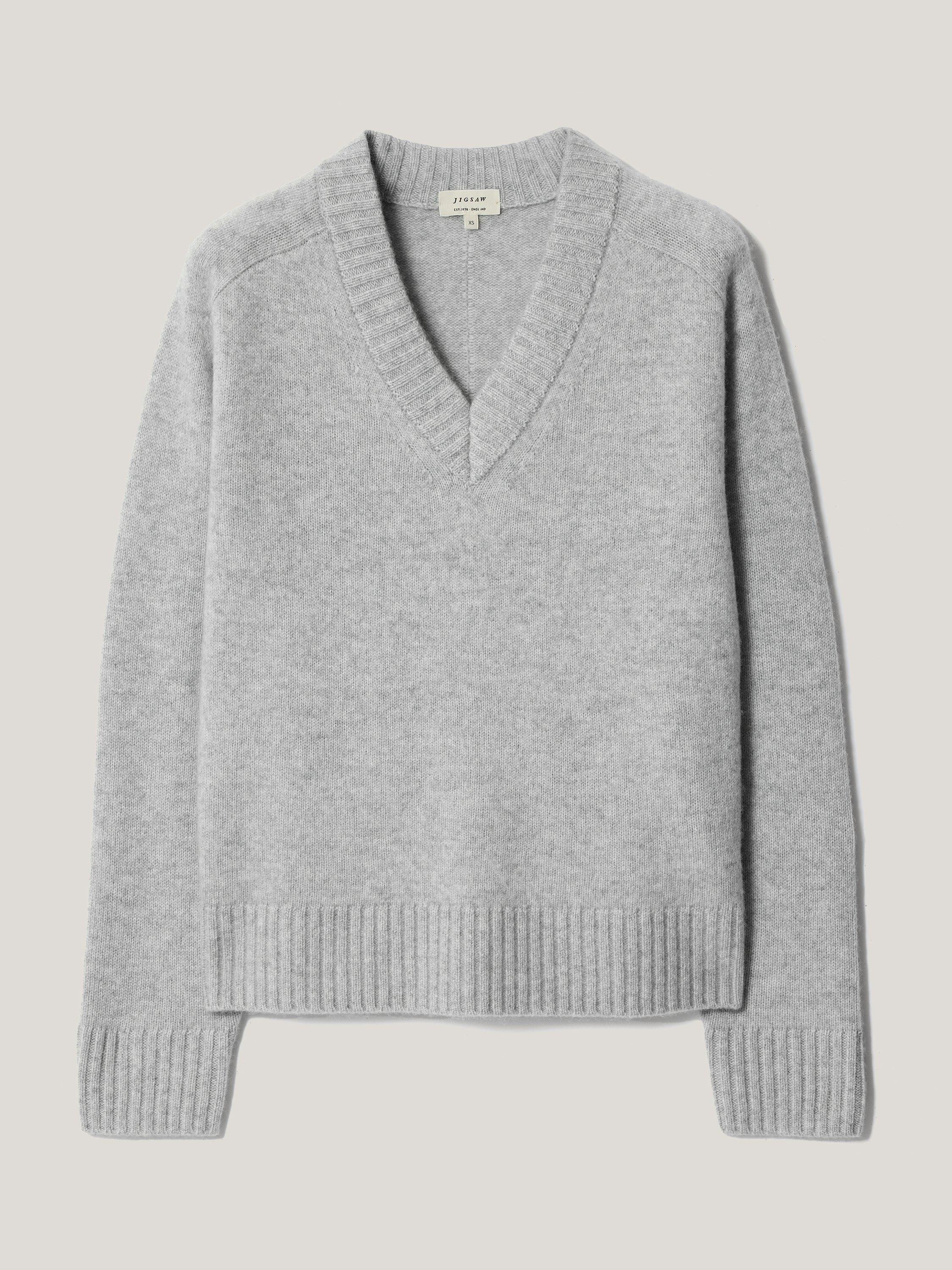 Product image 5 of 7, which shows Jigsaw V-Neck Wool Rich Jumper, Light Grey, XS
