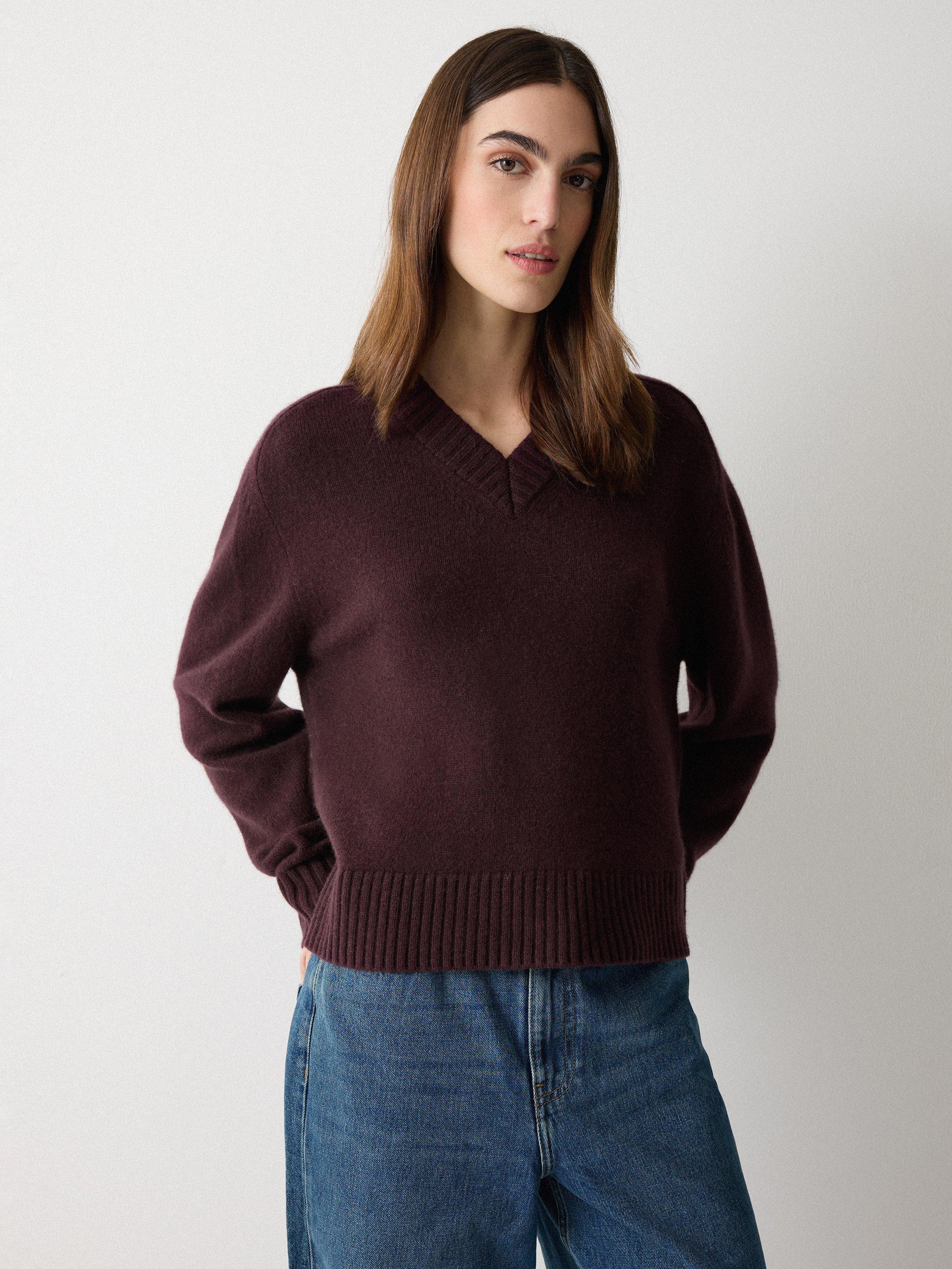 Product image 1 of 7, which shows Jigsaw Oversized V-Neck Wool Rich Jumper, Dark Purple, XS