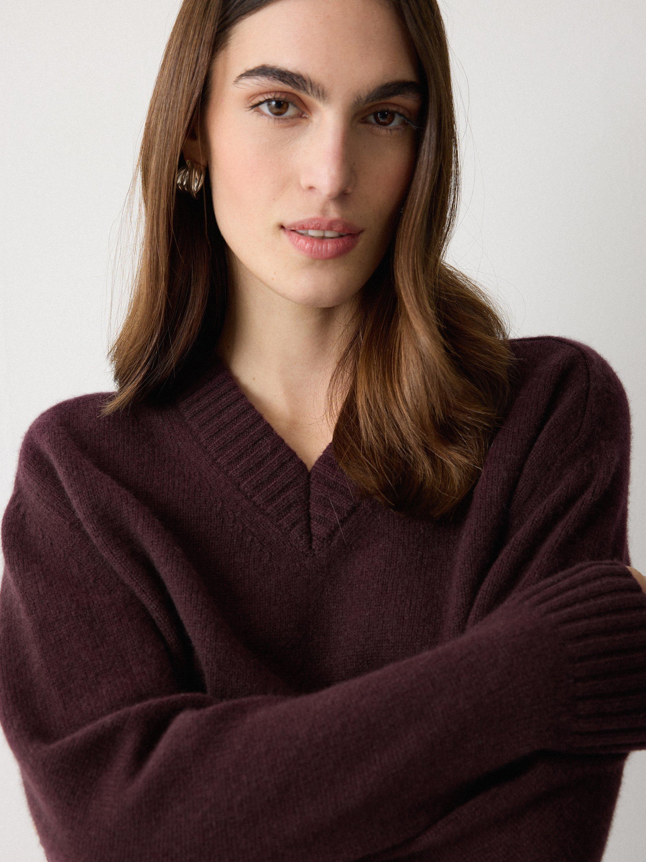 Product image 3 of 7, which shows Jigsaw Oversized V-Neck Wool Rich Jumper, Dark Purple, XS