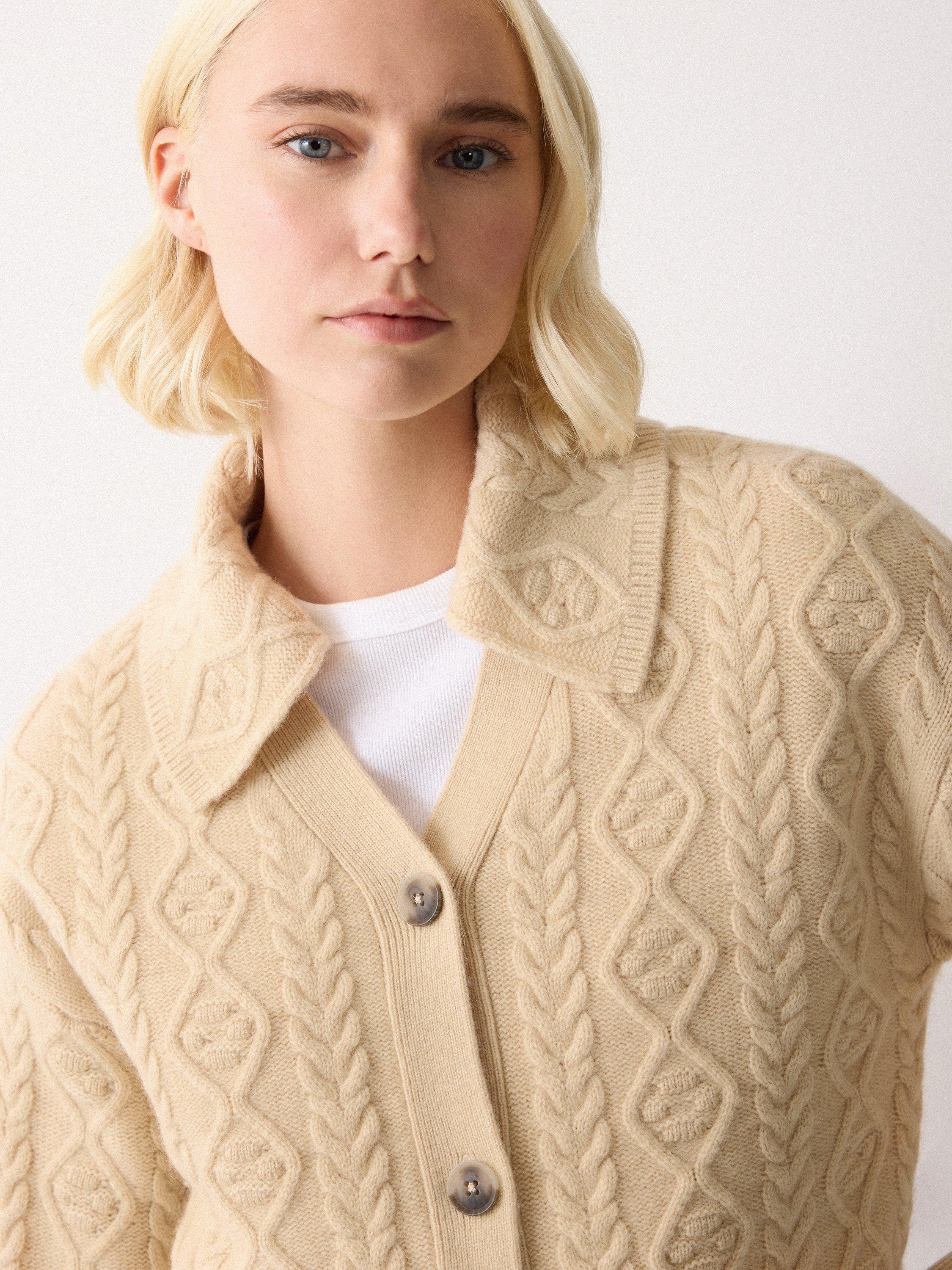 Product image 3 of 6, which shows Jigsaw Cable Knit Wool Rich Cardigan, Natural Cream, XS
