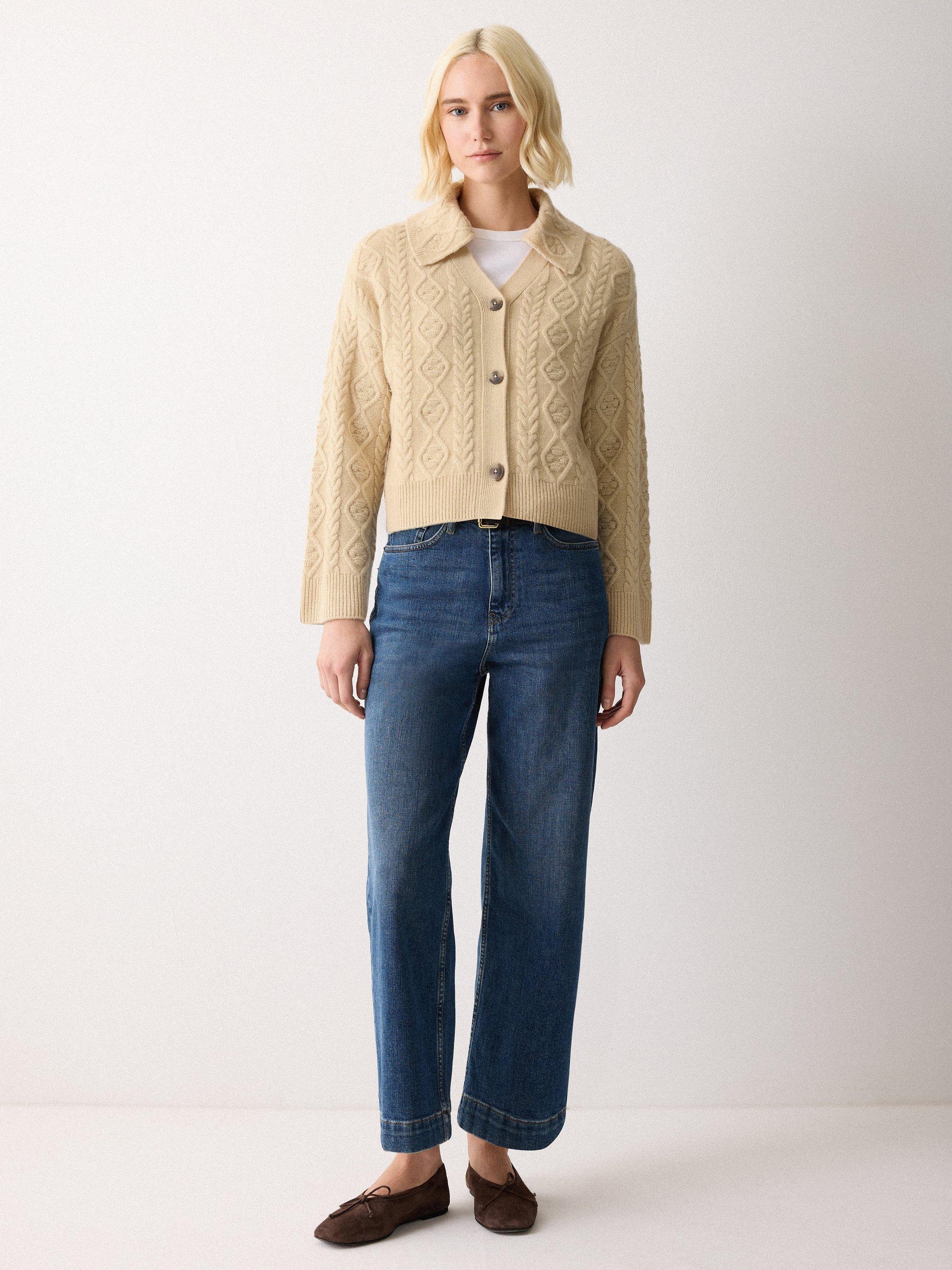 Product image 4 of 6, which shows Jigsaw Cable Knit Wool Rich Cardigan, Natural Cream, XS