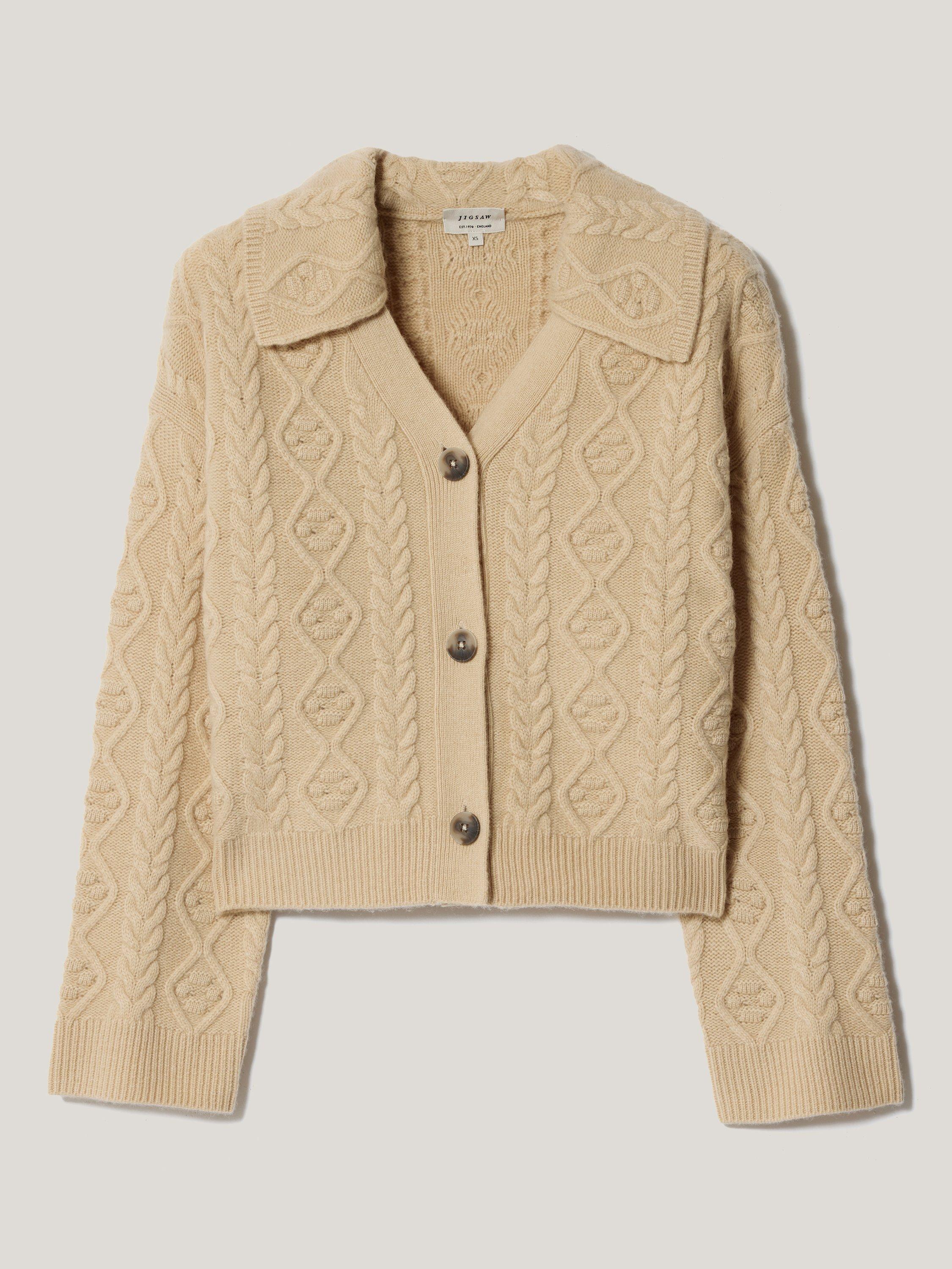Product image 5 of 6, which shows Jigsaw Cable Knit Wool Rich Cardigan, Natural Cream, XS