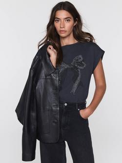 Mint Velvet Embellished Bow Detail T-Shirt, Grey, Grey