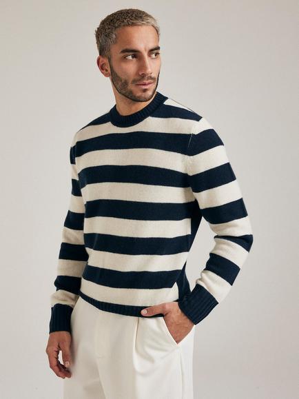 SALTS Unisex Lofty Knit Stripe Pure Cashmere Jumper - view 2, Navy & Soft White