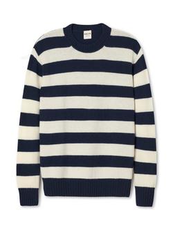 SALTS Unisex Lofty Knit Stripe Pure Cashmere Jumper, Navy & Soft White