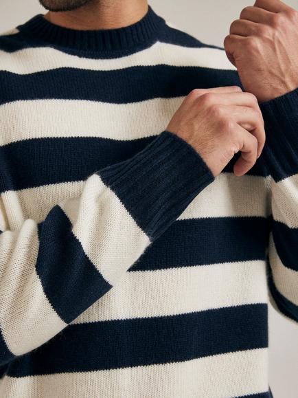 SALTS Unisex Lofty Knit Stripe Pure Cashmere Jumper, Navy & Soft White
