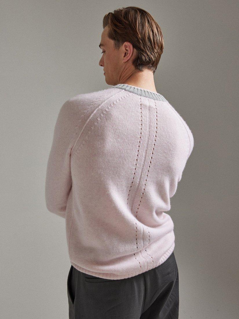 Product image 7 of 8, which shows SALTS Unisex Double Trim Wool Rich Jumper, Pink & Grey, L