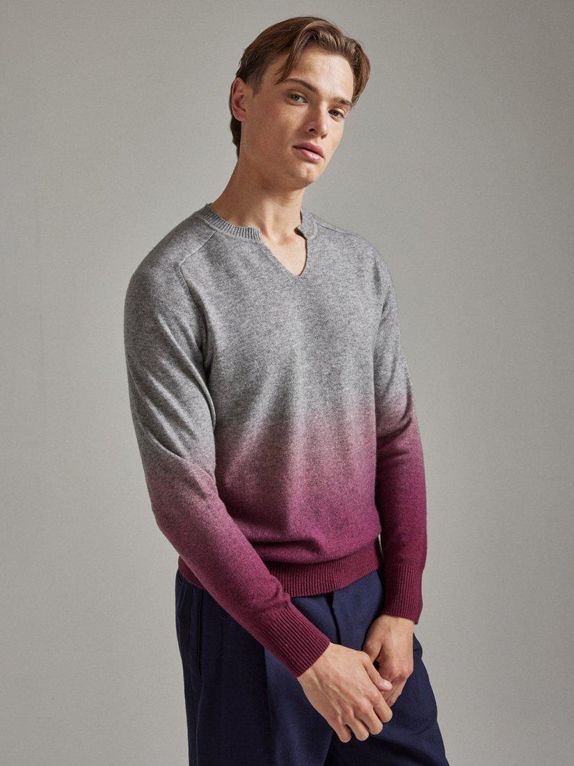 Product image 3 of 6, which shows SALTS Unisex Ombre Split Wool Rich Jumper, Grey & Redcurrant, S