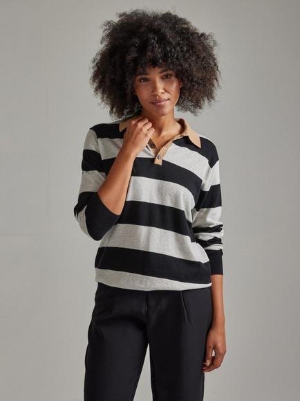 SALTS Unisex Stripe Rugby Polo Shirt - view 2, Black & Silver