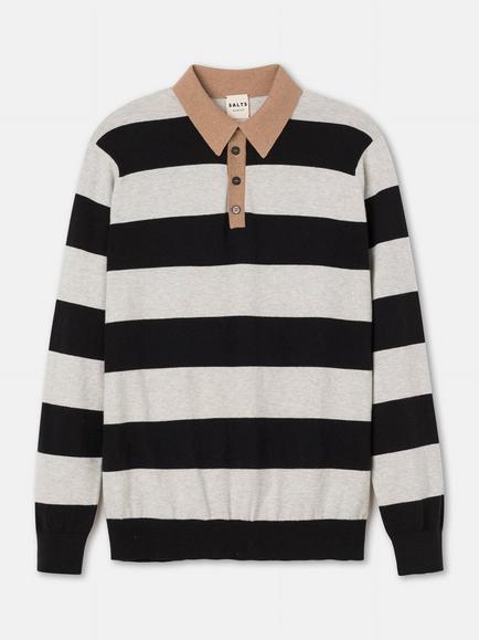 SALTS Unisex Stripe Rugby Polo Shirt, Black & Silver