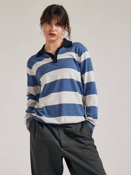 SALTS Unisex Stripe Rugby Polo Shirt - view 2, Denim Blue & Silver