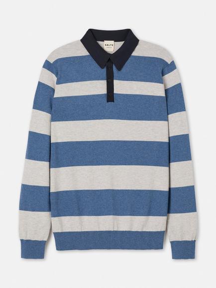 SALTS Unisex Stripe Rugby Polo Shirt, Denim Blue & Silver