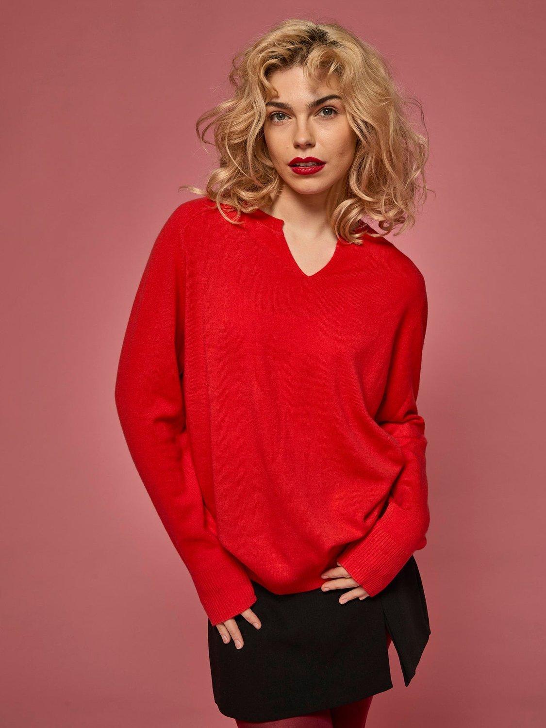 Product image 3 of 6, which shows SALTS Unisex Split Neck Wool Rich Jumper, Bright Red, M