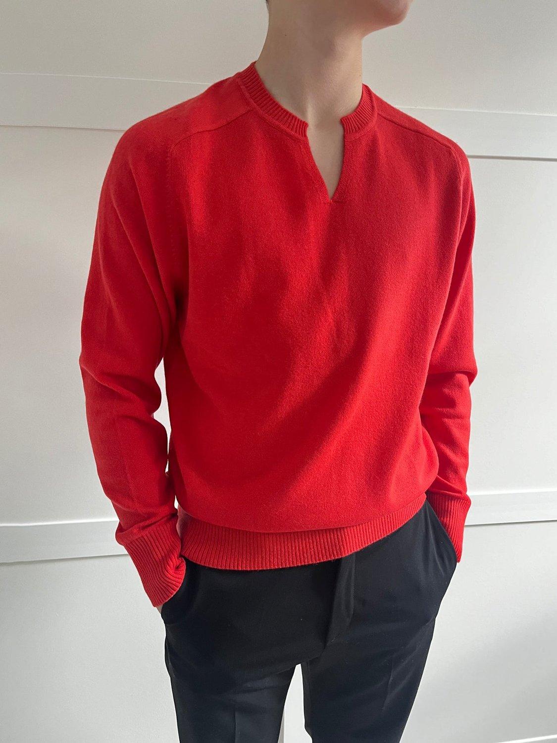 Product image 6 of 6, which shows SALTS Unisex Split Neck Wool Rich Jumper, Bright Red, M