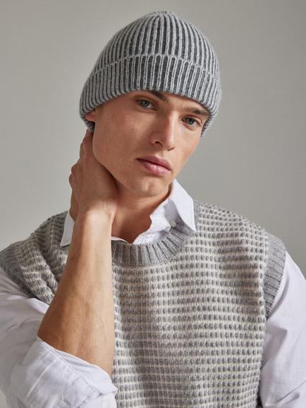 SALTS Unisex Ribbed Pure Cashmere Fisherman Beanie Hat - view 2, Charcoal & Soft Grey
