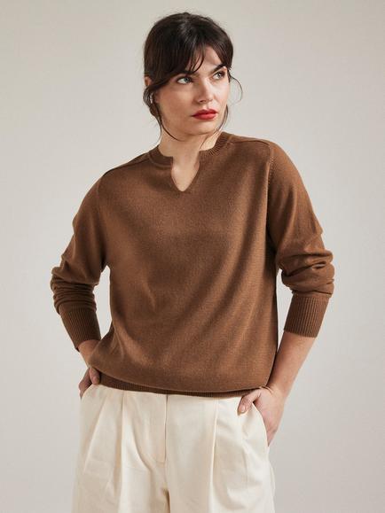 SALTS Unisex Split Neck Wool Rich Jumper - view 2, Caramel