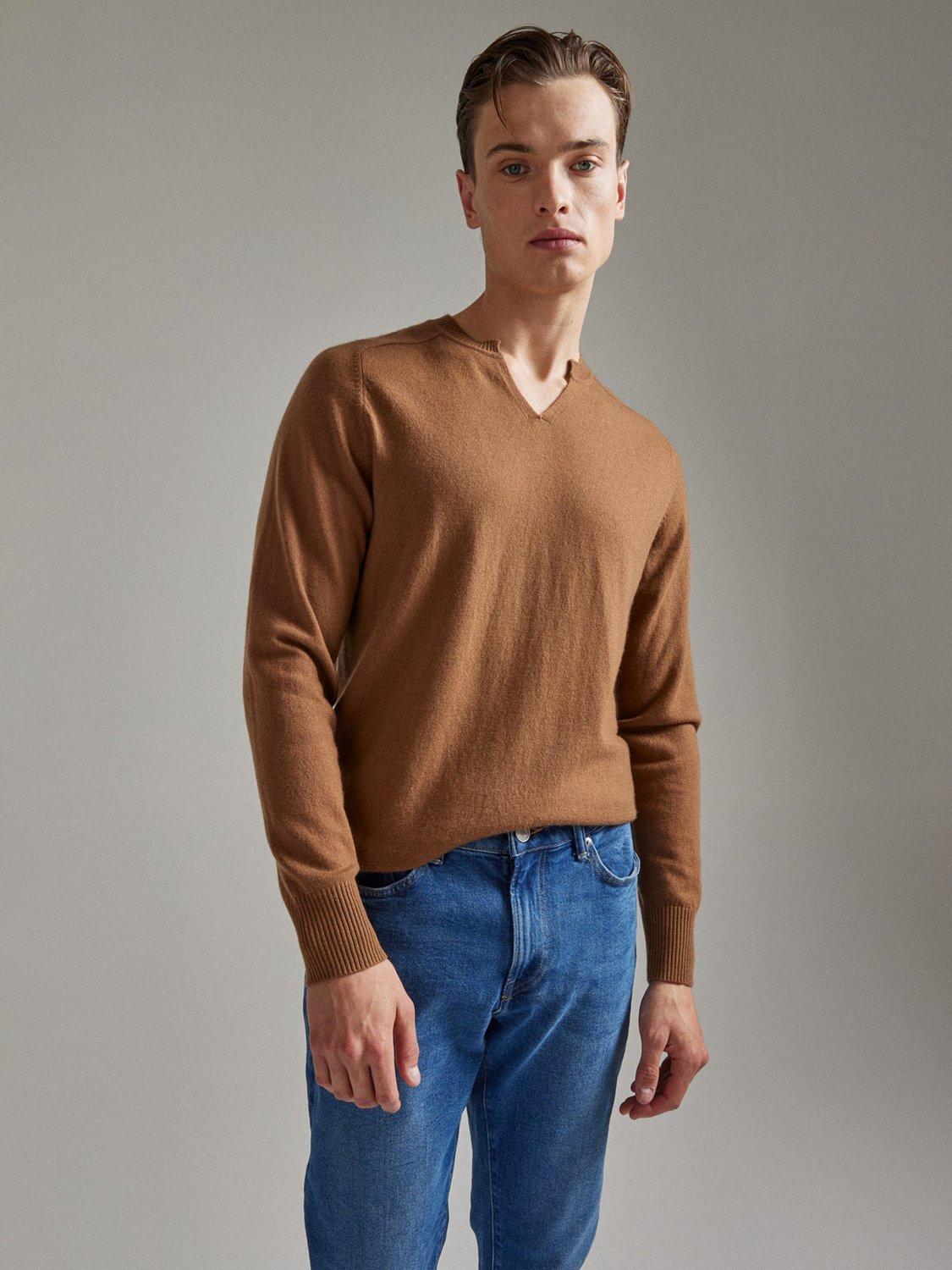 Product image 3 of 6, which shows SALTS Unisex Split Neck Wool Rich Jumper, Caramel, S