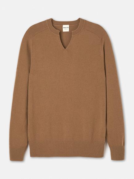 SALTS Unisex Split Neck Wool Rich Jumper, Caramel