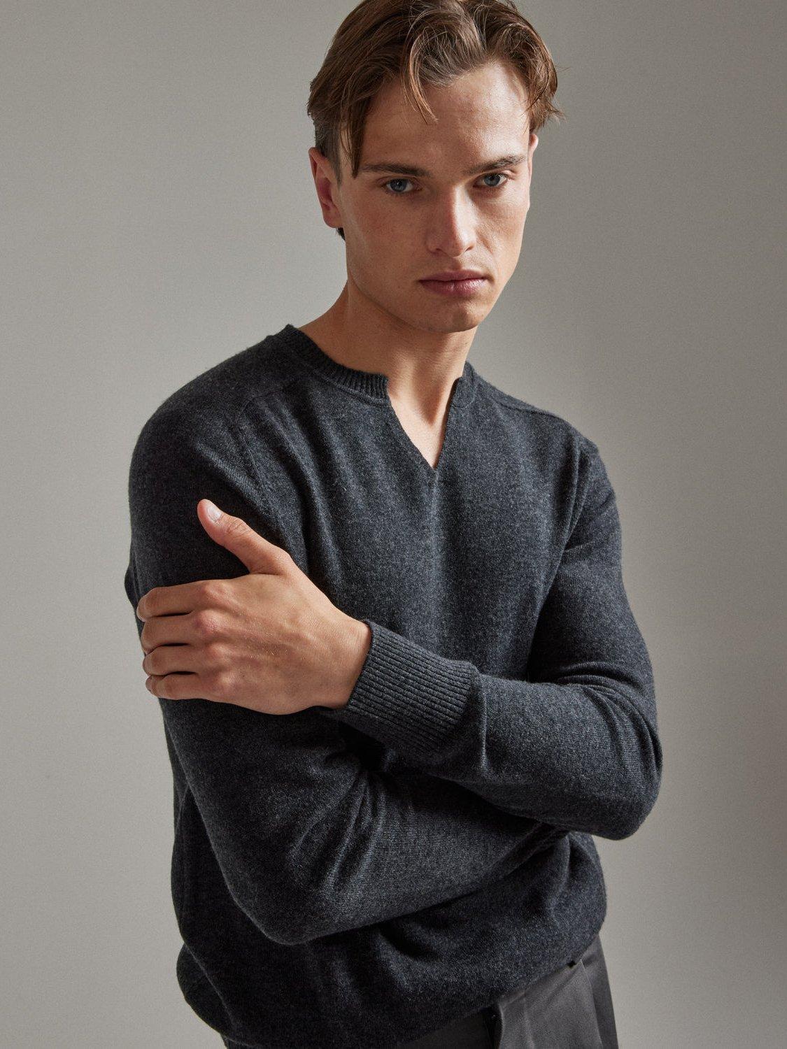 Product image 9 of 11, which shows SALTS Unisex Split Neck Wool Rich Jumper, Charcoal, S