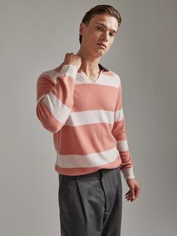 SALTS Unisex Split Neck Stripe Pure Cashmere Polo Jumper - view 2, Sobert & Pale Pink