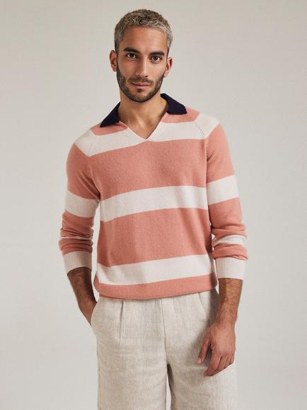 SALTS Unisex Split Neck Stripe Pure Cashmere Polo Jumper - view 2, Sobert & Pale Pink