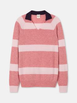 SALTS Unisex Split Neck Stripe Pure Cashmere Polo Jumper, Sobert & Pale Pink