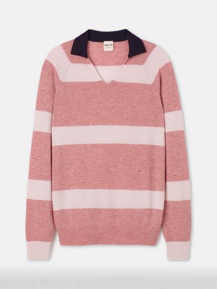 SALTS Unisex Split Neck Stripe Pure Cashmere Polo Jumper, Sobert & Pale Pink