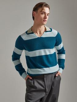 SALTS Unisex Split Neck Stripe Pure Cashmere Polo Jumper - view 2, Aqua & Peppermint