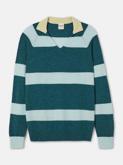 SALTS Unisex Split Neck Stripe Pure Cashmere Polo Jumper, Aqua & Peppermint