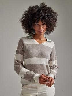 SALTS Unisex Split Neck Stripe Pure Cashmere Polo Jumper - view 2, Oatmeal & Soft White