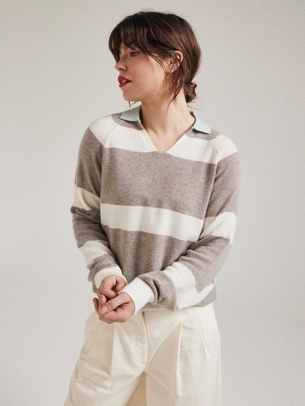 SALTS Unisex Split Neck Stripe Pure Cashmere Polo Jumper - view 2, Oatmeal & Soft White