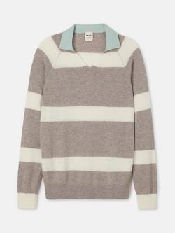 SALTS Unisex Split Neck Stripe Pure Cashmere Polo Jumper, Oatmeal & Soft White
