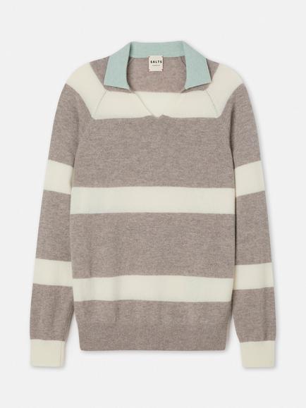 SALTS Unisex Split Neck Stripe Pure Cashmere Polo Jumper, Oatmeal & Soft White