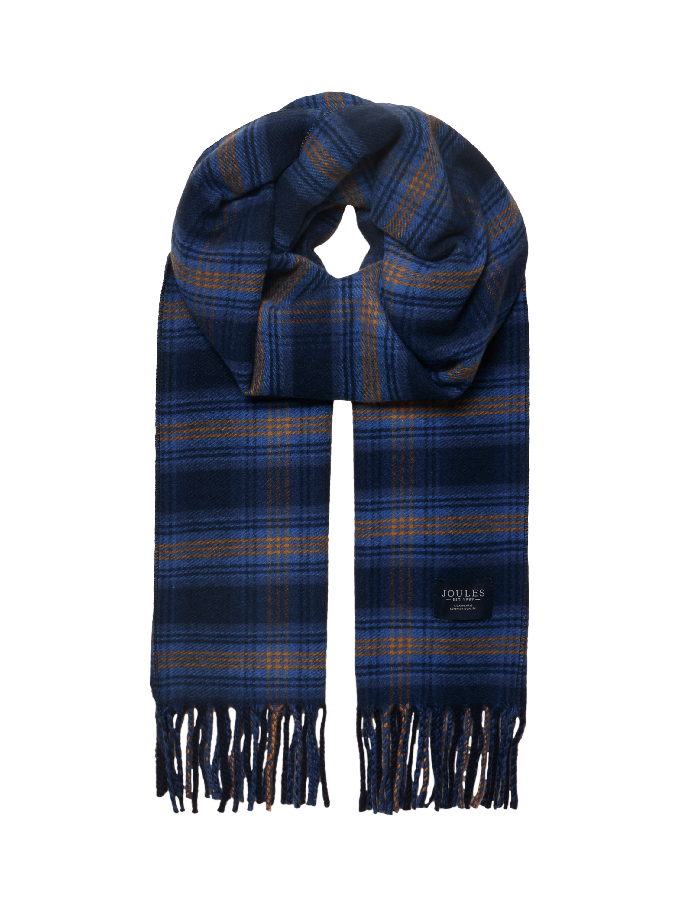 Product image 1 of 6, which shows Joules Langtree Check Scarf, Blue/Brown