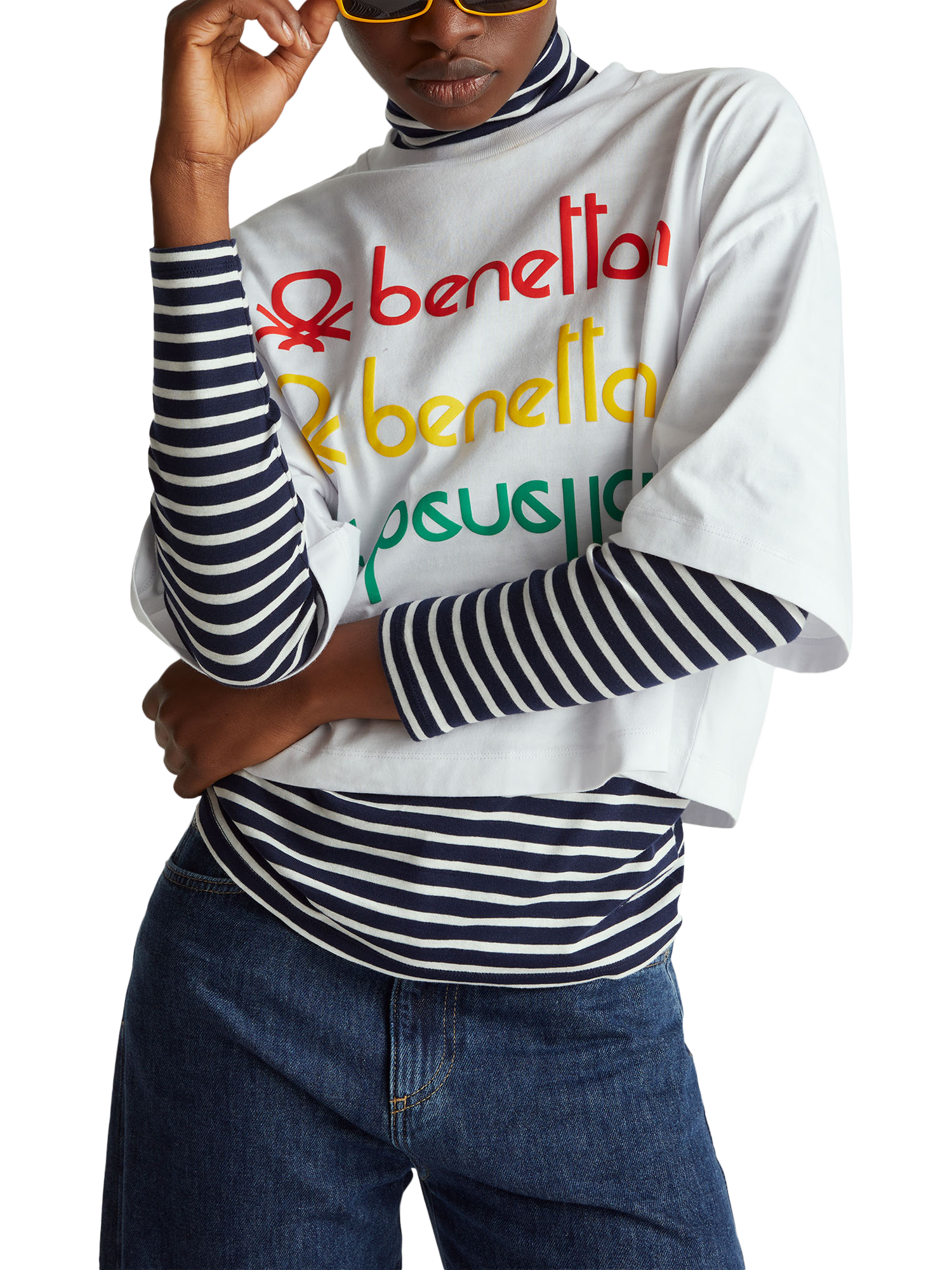 Product image 1 of 5, which shows Benetton Graphic Logo Boxy T-Shirt, White, XS