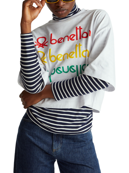 Benetton Graphic Logo Boxy T-Shirt, White, White