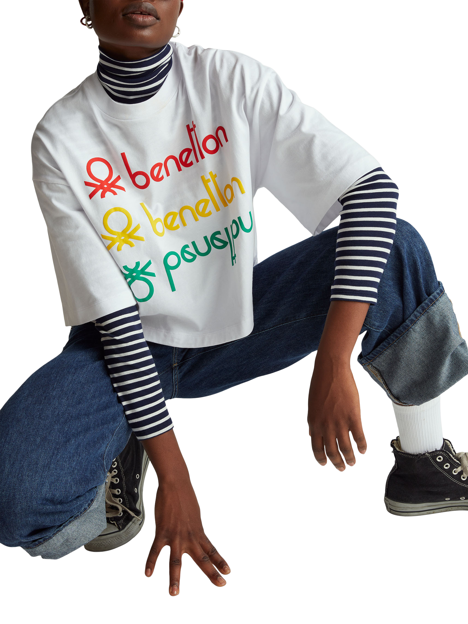 Product image 3 of 5, which shows Benetton Graphic Logo Boxy T-Shirt, White, XS