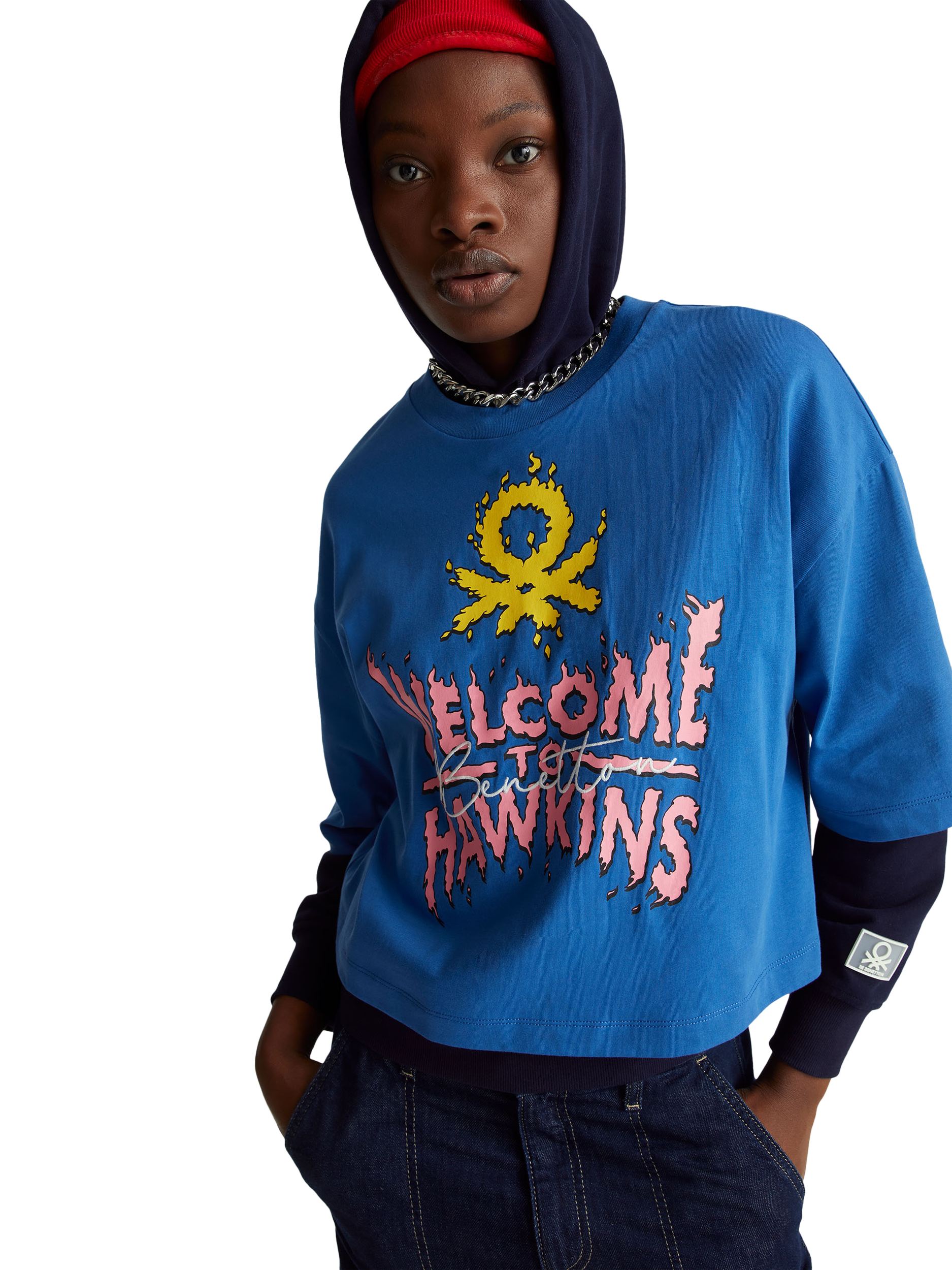 Product image 1 of 5, which shows Benetton Stranger Things Graphic Boxy T-Shirt, Blue, XS