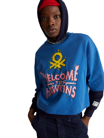 Benetton Stranger Things Graphic Boxy T-Shirt, Blue, Blue