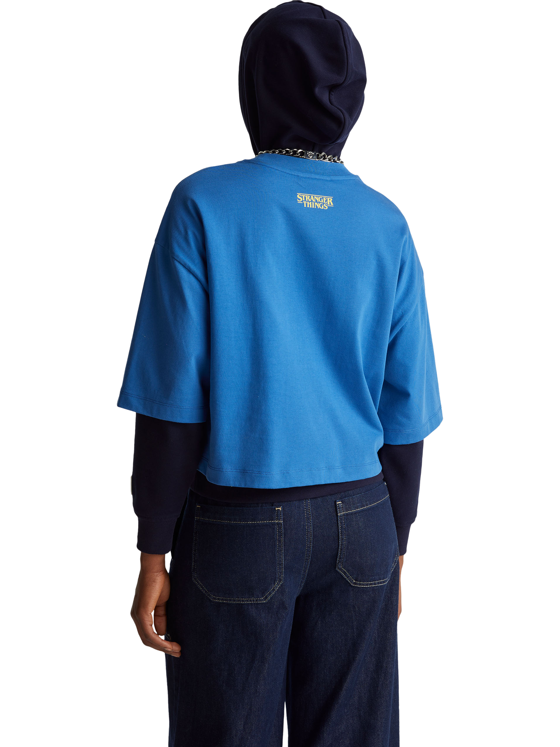 Product image 2 of 5, which shows Benetton Stranger Things Graphic Boxy T-Shirt, Blue, XS