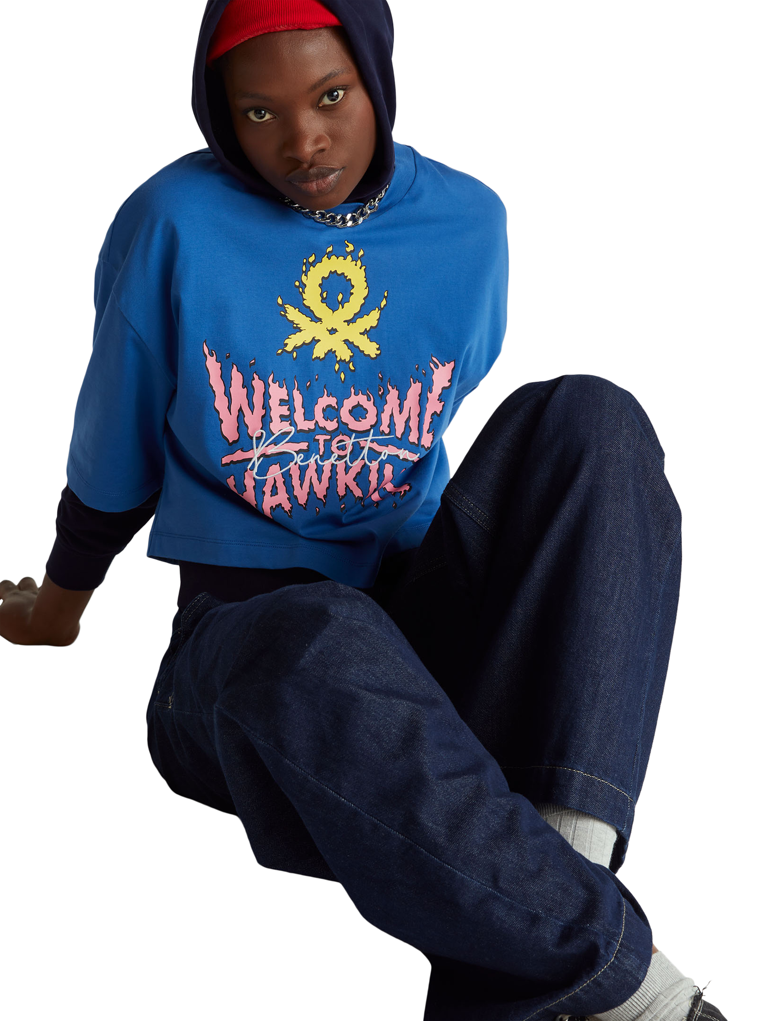 Product image 3 of 5, which shows Benetton Stranger Things Graphic Boxy T-Shirt, Blue, XS