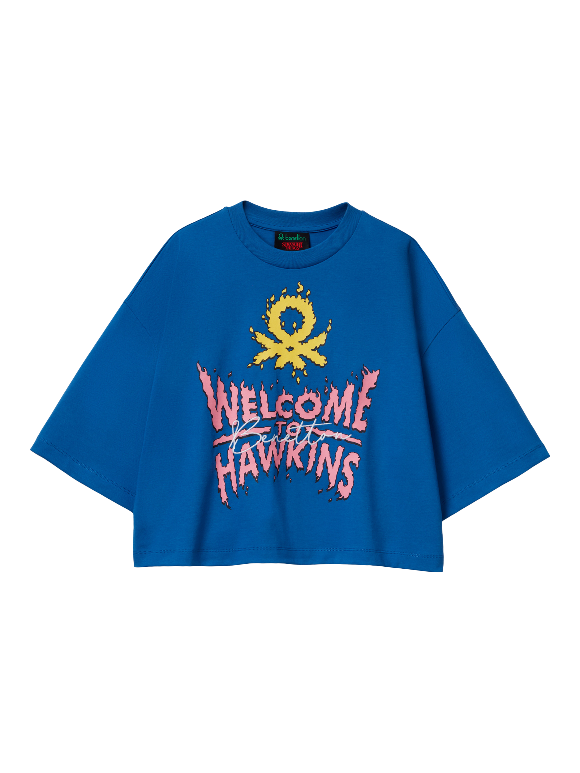 Product image 4 of 5, which shows Benetton Stranger Things Graphic Boxy T-Shirt, Blue, XS