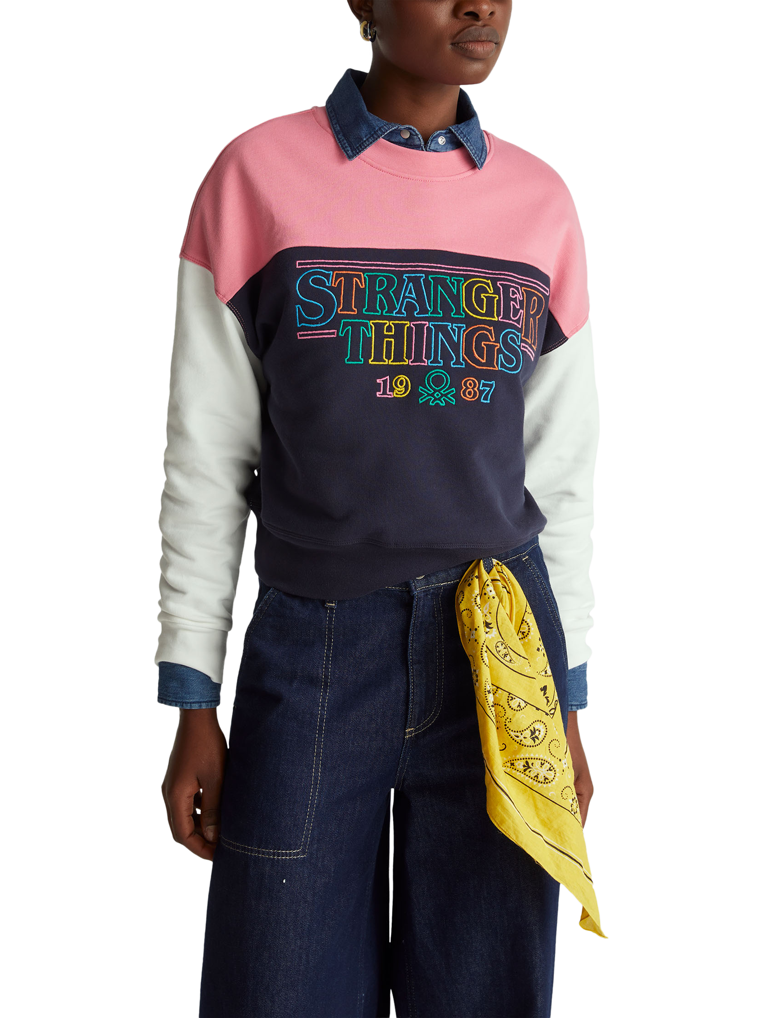 Product image 1 of 6, which shows Benetton Stranger Things Colour Block Sweatshirt, Blue/Multi, XS