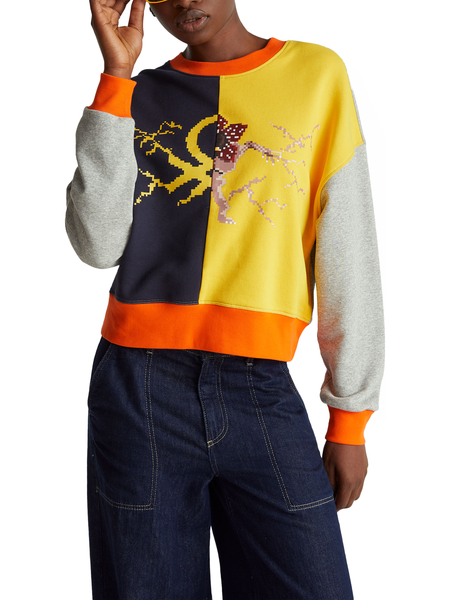 Product image 1 of 6, which shows Benetton Stranger Things Colour Block Sweatshirt, Grey/Multi, XS