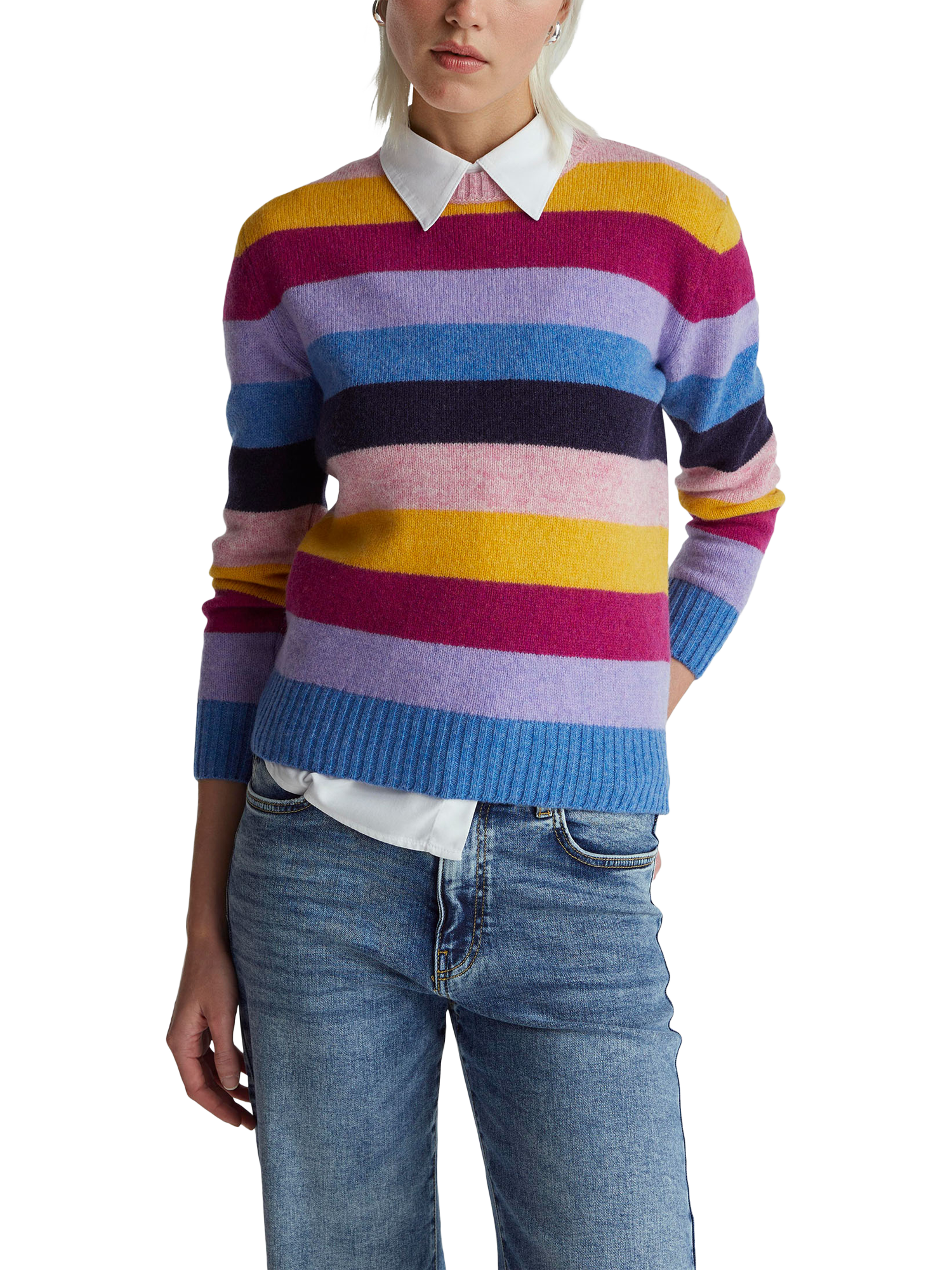 Product image 1 of 6, which shows Benetton Stripe Crew Neck Pure Wool Jumper, Blue/Multi, XS