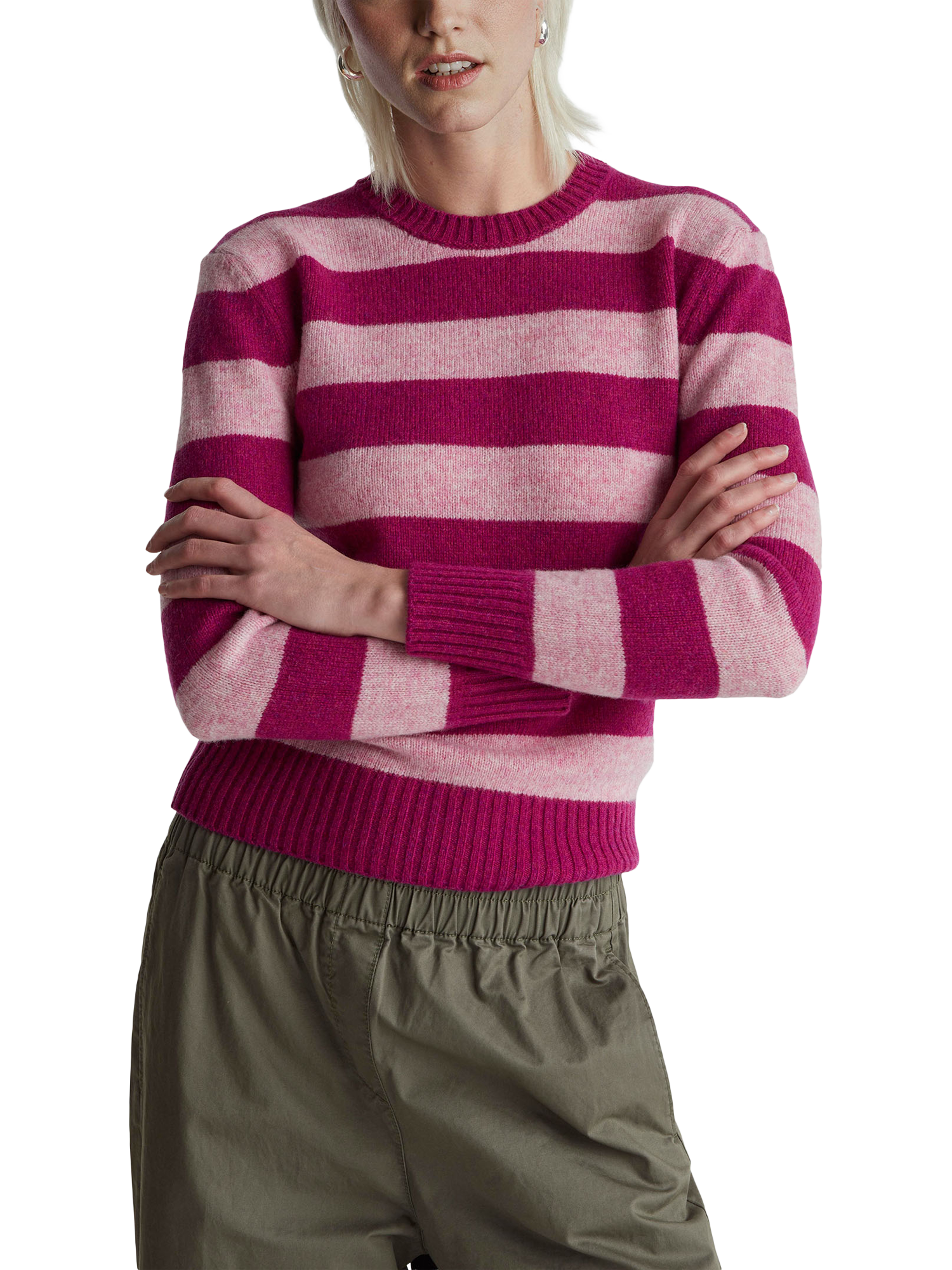 Product image 1 of 5, which shows Benetton Crew Neck Stripe Pure Wool Jumper, Violet, XS