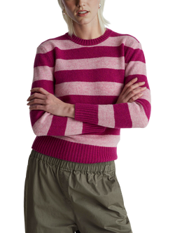 Benetton Crew Neck Stripe Pure Wool Jumper, Violet, Violet