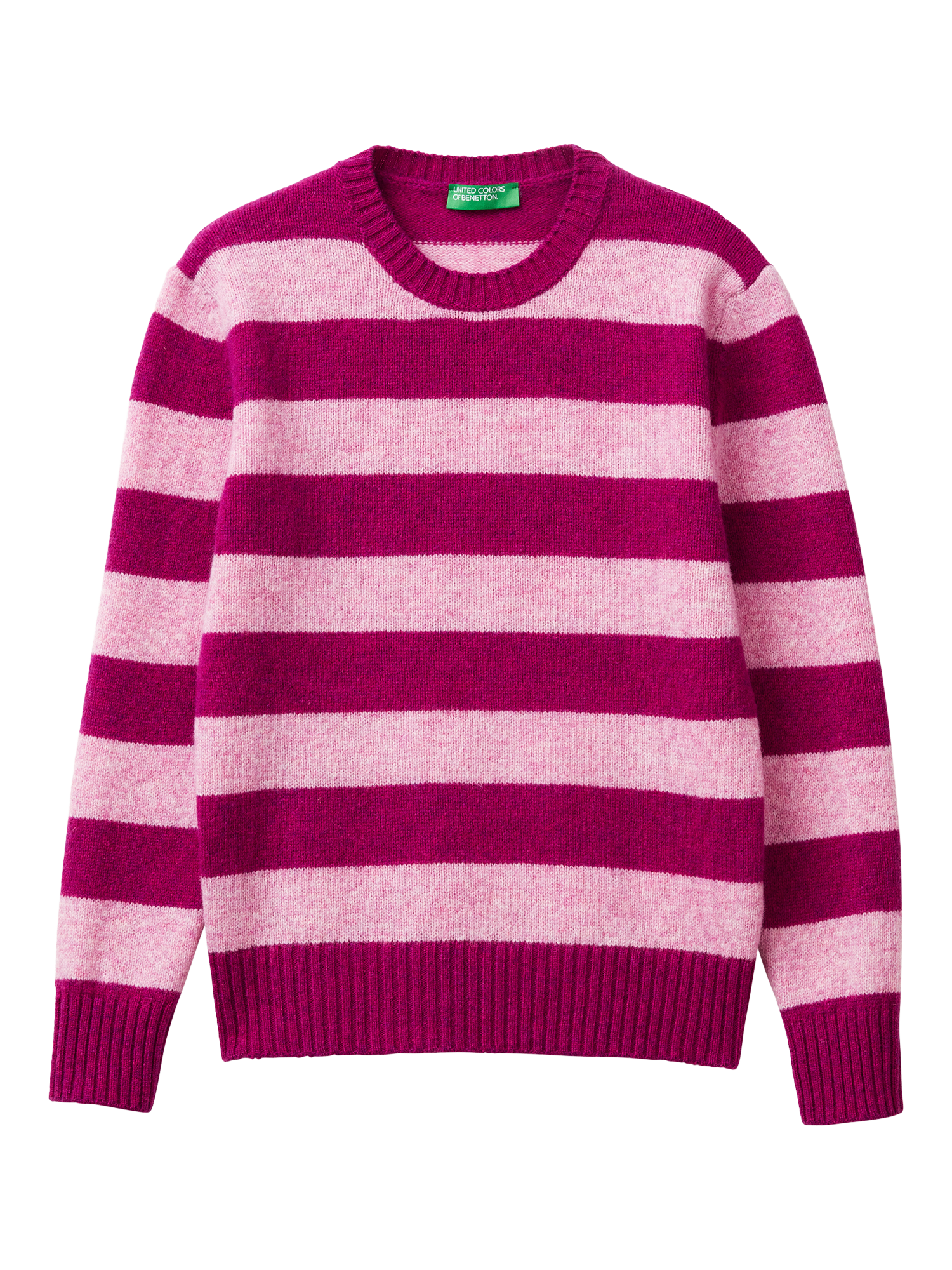 Product image 3 of 5, which shows Benetton Crew Neck Stripe Pure Wool Jumper, Violet, XS